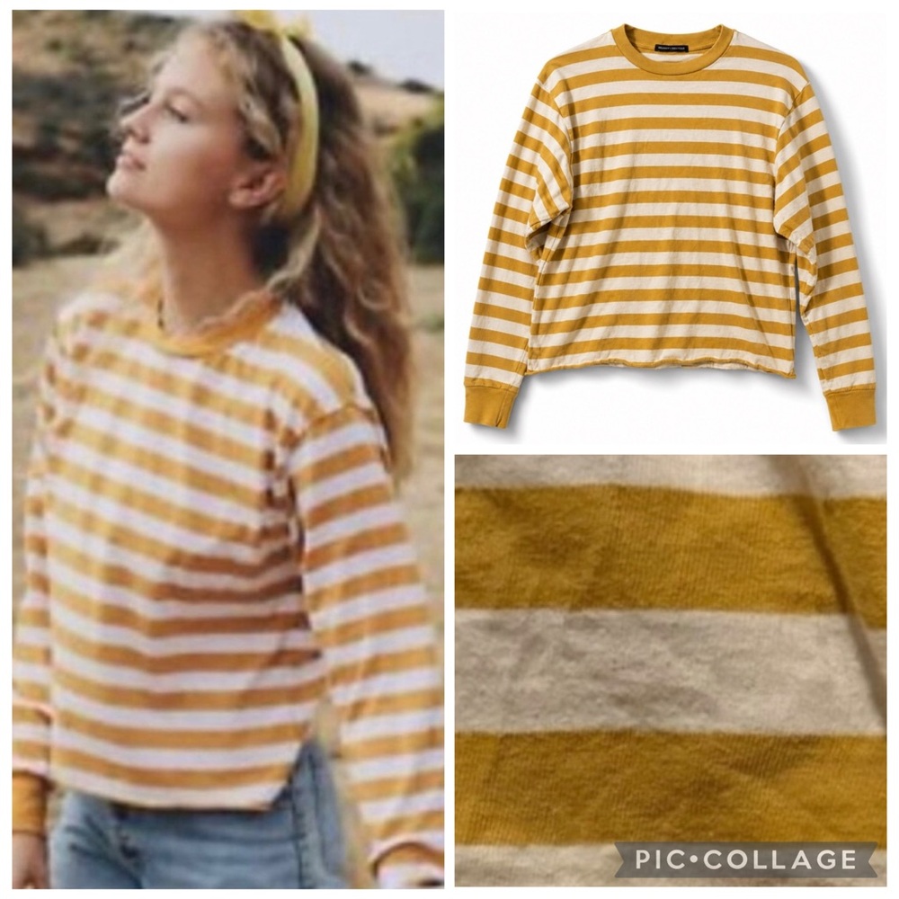 Brandy Melville Mustard Yellow Striped Long Sleeve Tee Italy Y2K Skater Coastal - Picture 2 of 7